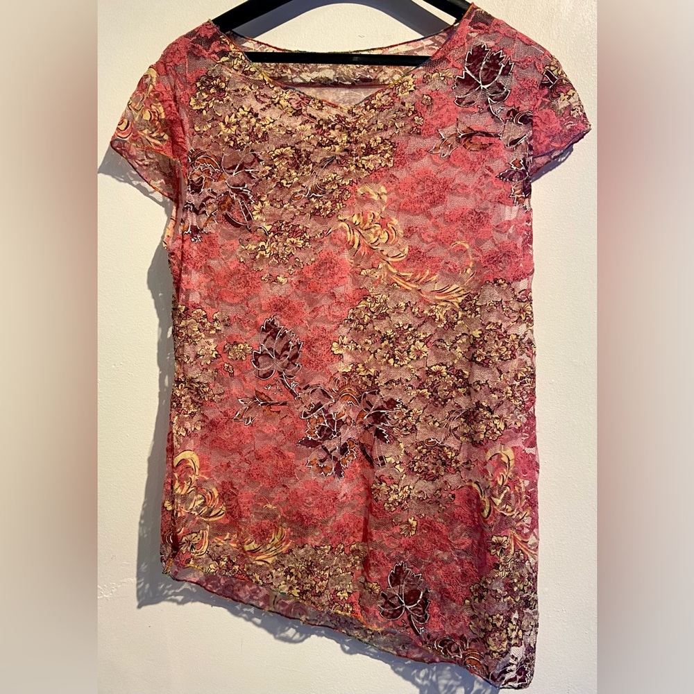 Mesh asymmetrical floral sheer top